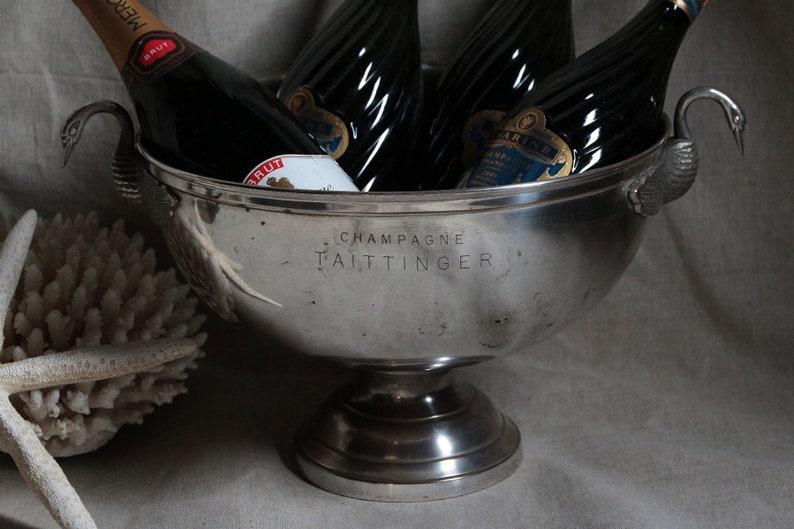 Rare antique french large silver plated champagne bucket. 1930s Taittinger Art Deco swans head champagne cooler. Wedding. New Years image 3