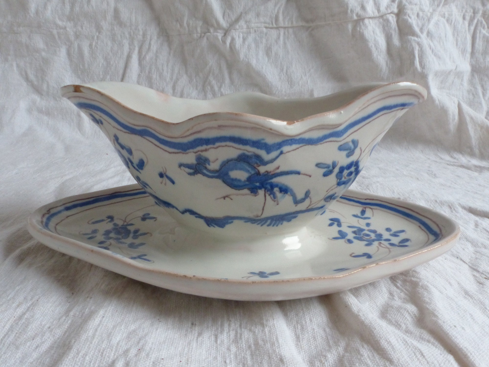 Bateau Antique Français Vitré de Sauce Terre Cuite. Saucière. Bateau d'habillage. Poterie Rustique F