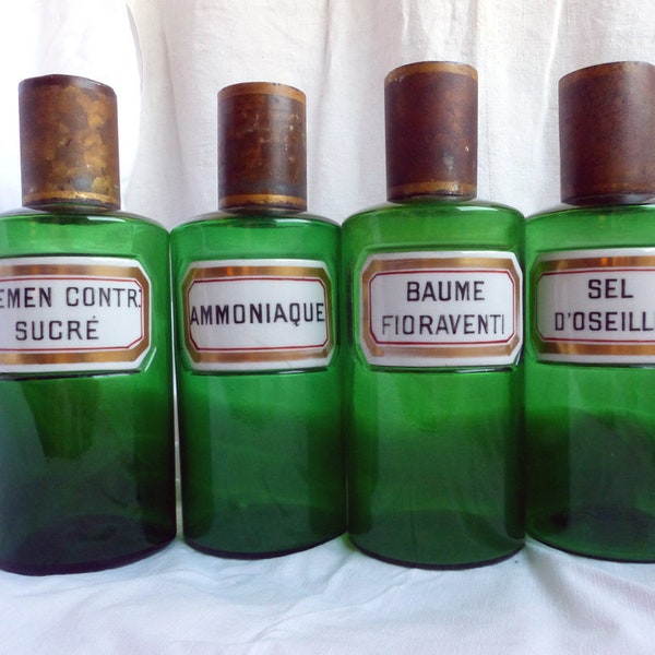 RARE antique french emerald green glass pharmacy bottle with gilded porcelain label. Large size green glass apothecary jar. Antique pharmacy