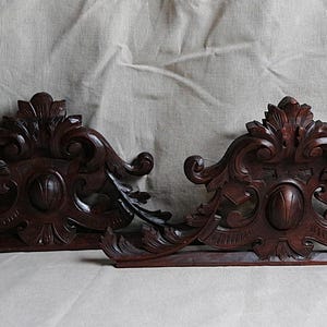 Antique french set of 2 hand sculpted pierced wood pediments. Carved Scrollwork Architectural salvage Gothic Renaissance Chateau decor