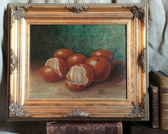 Antique french gilded wood framed oil painting still life of oranges signed J. Dufour. Dated 1926. Fruit still life.
