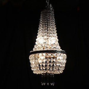 French vintage large Empire style crystal cut glass chandelier. Cut GLASS and bronze balloon light. Bag light chandelier