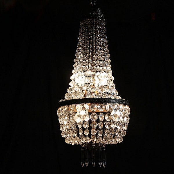 French vintage large Empire style crystal cut glass chandelier. Cut GLASS and bronze balloon light. Bag light chandelier