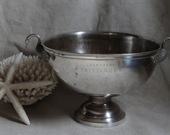 Rare antique french large silver plated champagne bucket. 1930s Taittinger Art Deco swans head champagne cooler. Wedding. New Years