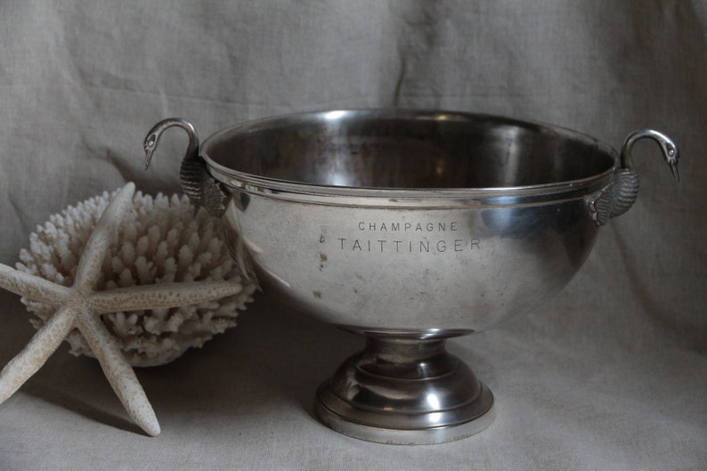 Rare antique french large silver plated champagne bucket. 1930s Taittinger Art Deco swans head champagne cooler. Wedding. New Years image 1