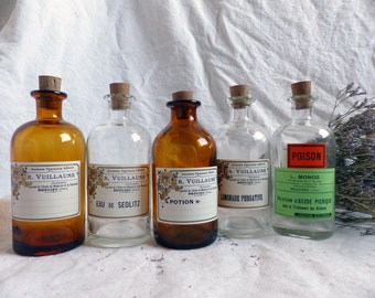 Set of 5 french vintage glass pharmacy bottle collection. Paper label antique glass pharmacy bottles. Small apothecary vials.