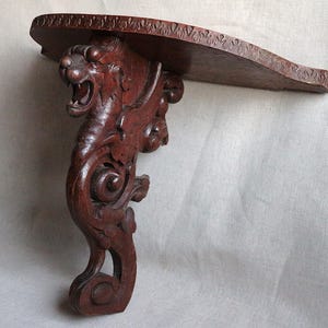 Antique french dragon shelf console, sculpted wood Griffon Lions head Gothic wall shelf. Mythological beast Victorian Medieval Renaissance