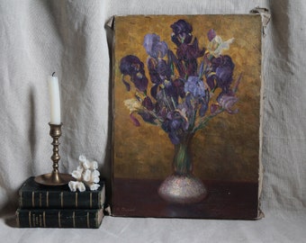 Antique french impressionist still life. Irises in a vase. Henri Charles Angeniol 1870-1959. Dark jewel tone colors. Moody floral painting