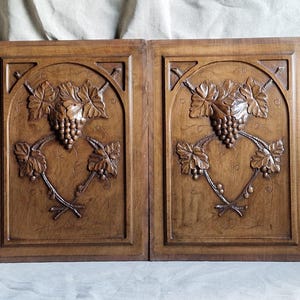 Set of 2 Antique french carved walnut wood panels. Grape vine Renaisssance style sculpted thick wood panels DIY wood project French chateau
