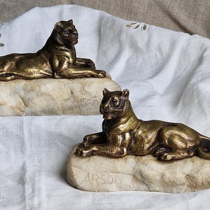 Set of 2 antique french bronze figurines on marble pedestal. Lion Lioness reclining Wild Animal sculpture Safari Africa Artist signed