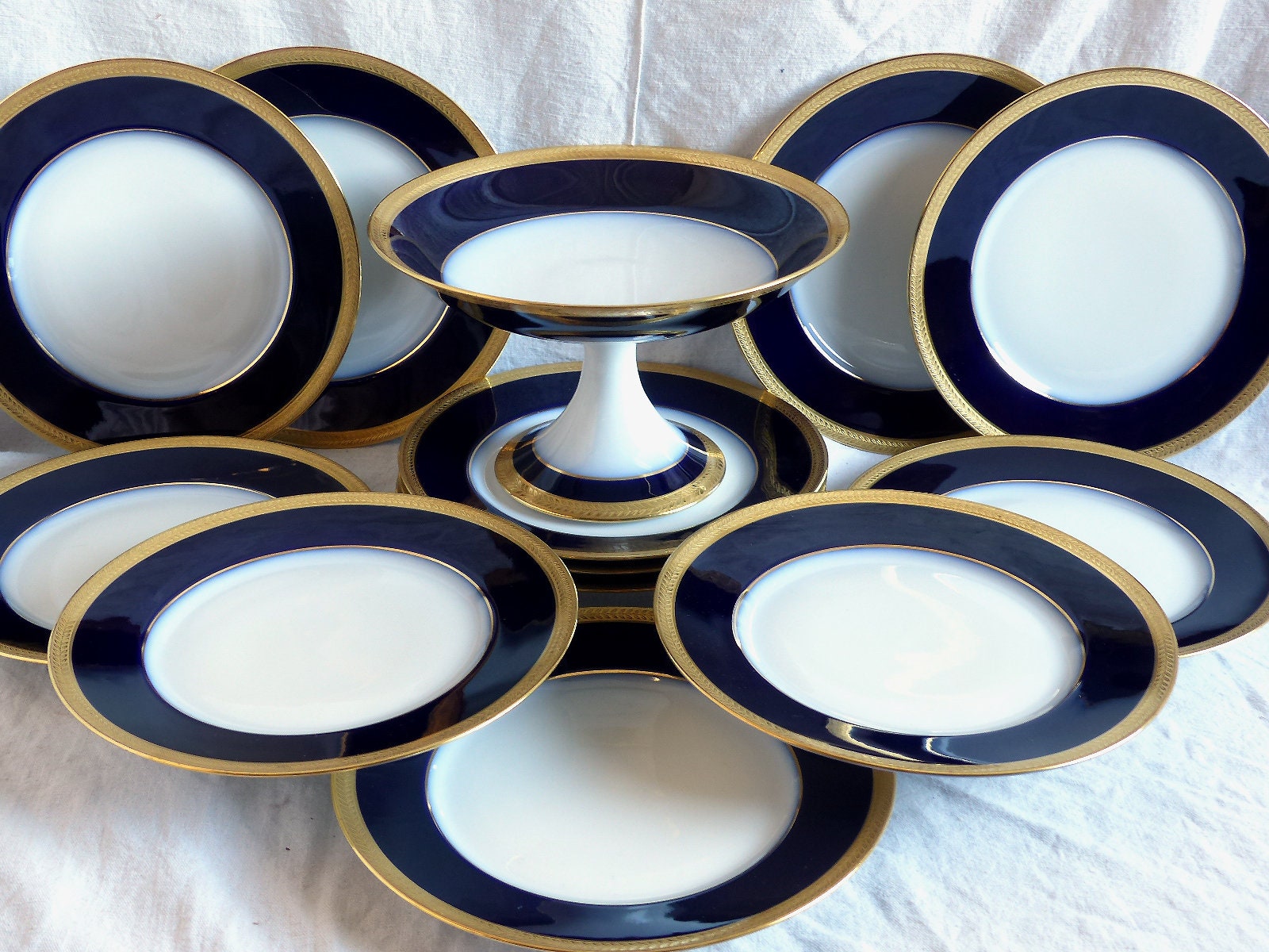 Service de Desserts Antiques Français Limoges. Flux Bleu Royal. Détails Polissage d'agate en Or 24Kt