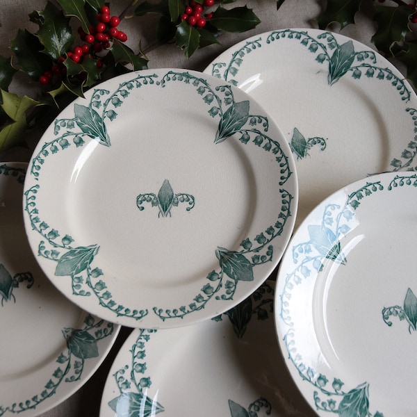 Set of 6 Antique french green transferware flat plates. Art Nouveau Lily of the Valley. Emerald green Botanic image