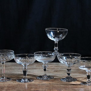 Set of 6 mismatched Antique french crystal champagne coupes. Mouth blown crystal champagne glass set Baccarat/St. Louis late 1800-early 1900