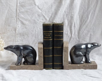 Pair of art deco animal book ends. Polar bear book ends. Grizzly bear. Bear sculpture. Nature home decor. Animal home decor