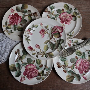 Set of 5 antique English ironstone flat dinner plates. Botanical print. Polychrome Victorian roses. George Jones & Sons crescent. Our Roses image 3