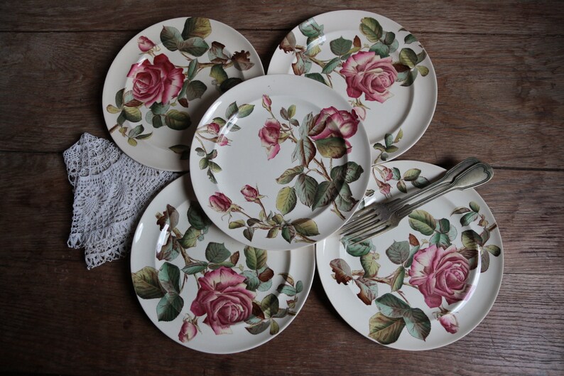 Set of 5 antique English ironstone flat dinner plates. Botanical print. Polychrome Victorian roses. George Jones & Sons crescent. Our Roses image 3