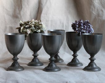 Set of 6 vintage French pewter large wine goblets. Footed vase Red wine glass Spiced wine Minimalist Traditional classic High quality pewter
