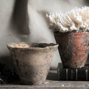 Set of 2 antique french terracotta resin pots. Pine resin collecting pots. Rustic french country brocante decor