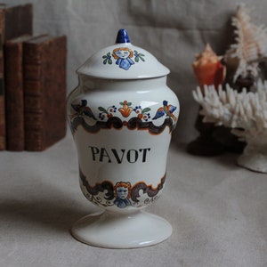 French vintage hand painted ceramic Poppies pharmacy jar. Antique porcelain apothecary jar. Curiosties cabinet. Antique pharmacy