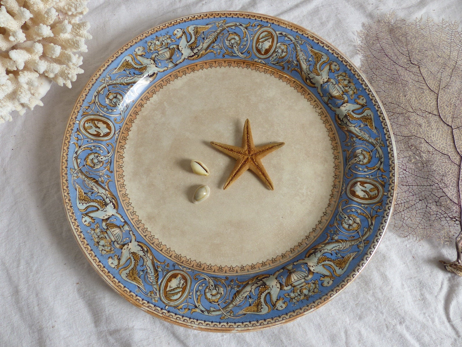 Antique Anglais Mintons Florentine Ironstone Rond Plateau de Service. Thé Teinté. Renaissance Italie