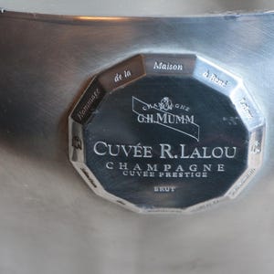 Large antique french MUMM Cuvée Lalou prestige designer pewter champagne tub. 4/5 bottle champagne bucket Champagne bucket Ice basin cooler