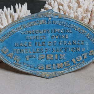 Vintage french sheep award prize plaque. French blue Shabby chic Farmhouse decor. Mudroom. Brasserie. French kitchen. Rustic. Game room
