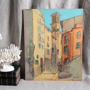 French vintage water color of Nice, France Antoine Augustin Pochet 1887-1975. Old town center Cannes Cote d&#39;Azur Bright pastels