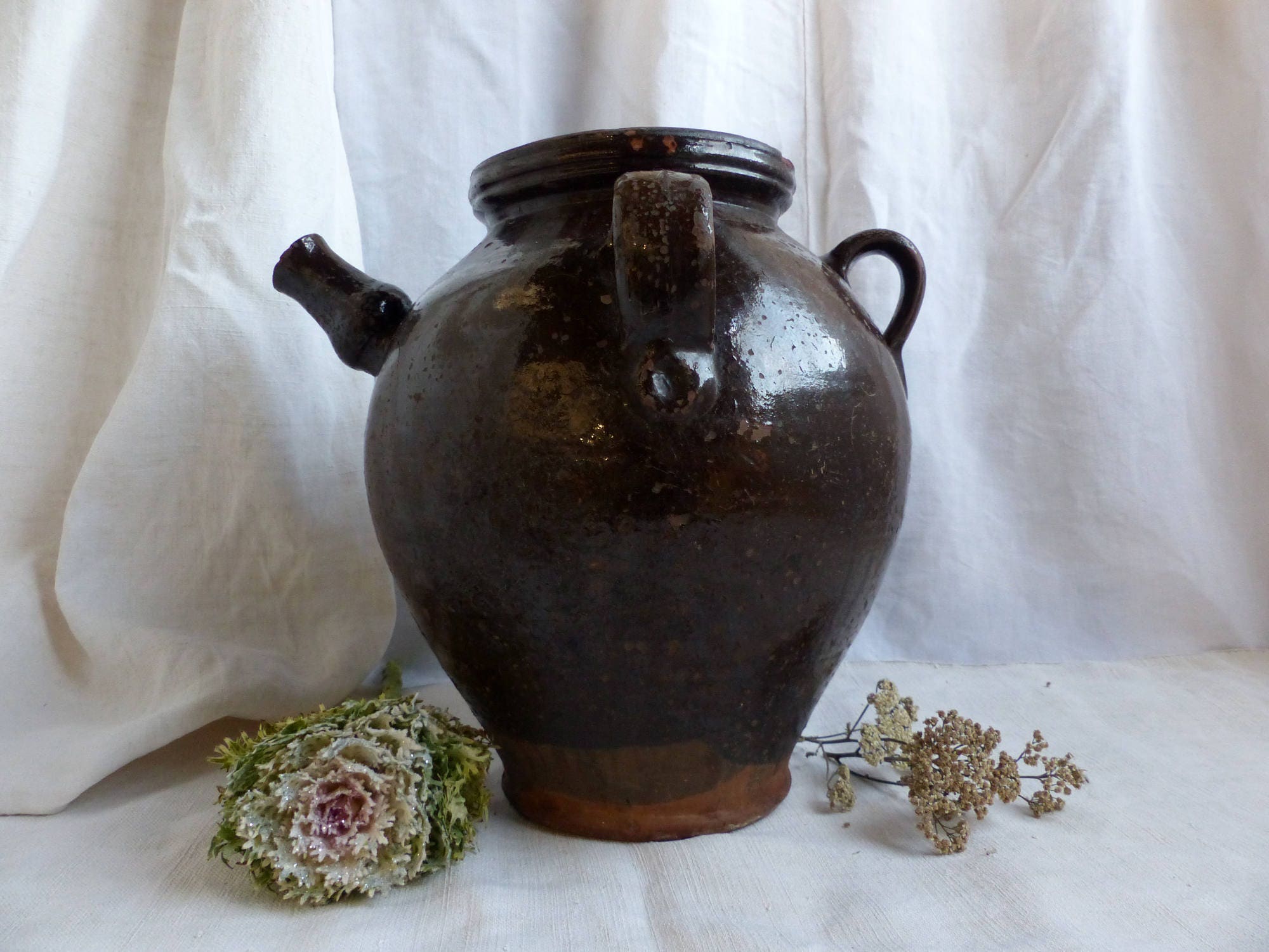 Ancien Français Énorme Émaillée Gargoulette. Français Ancien Manque Rangement en Émail Marron. Pays 