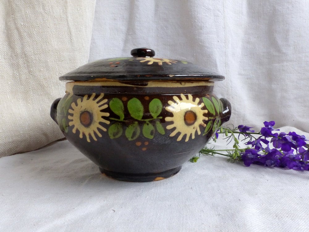 Faitout Poterie Vintage Français. Faitout Émaillé Alsace. Soupière Couverte Terrine de Alsace Pays F