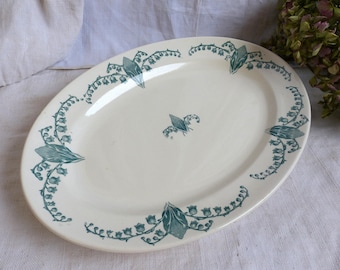 Antique french green transferware oval serving platter. Medium oval platter. Art Nouveau. Lily of the Valley. Emerald green. Cottage decor.