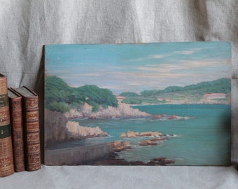 Antique french oil on wood painting. Giens seaside landscape. Mediterranean H.C. Angeniol 1870-1959. Turquoise Pastel colors. Beach house