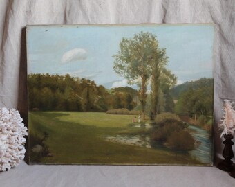 Antique french large romantic landscape oil painting Signed Madeleine Plantey (1890-1980) dated 1912 Romantic moody landscape French chateau