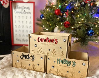 Personalized Christmas Eve Box | Wooden Collapsible Holiday Keepsake Gift Box for Kids | Custom Name Christmas Eve Tradition Box