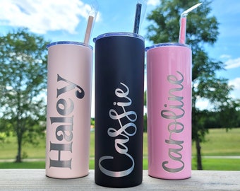 20 oz Laser Engraved Skinny Tumbler | Insulated Steel Tumbler | Bridesmaid Gift | Tumbler With Straw