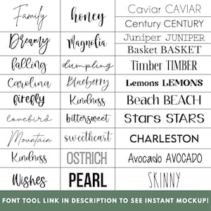 Puede incluir: Una cuadr&iacute;cula de muestras de texto en varias fuentes, incluyendo palabras como "Family", "Dreamy" y "Caviar". El texto es negro sobre un fondo blanco. La parte inferior de la imagen incluye el texto: "FONT TOOL LINK IN DESCRIPTION TO SEE INSTANT MOCKUP!"