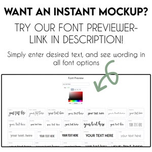 Puede incluir: Fondo blanco con el texto "WANT AN INSTANT MOCKUP? TRY OUR FONT PREVIEWER - LINK IN DESCRIPTION!". Se muestra una herramienta de vista previa de fuentes con varias opciones de fuentes y una paleta de colores. El texto "your text here" se muestra en varias fuentes.