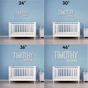 May include: Four images showing a white cot with a white side table and a stuffed toy on top. The images show the cot with different sizes of a white neon sign with the text "TIMOTHY andrew" in black. The sizes of the signs are 24 inches, 30 inches, 36 inches, and 46 inches.