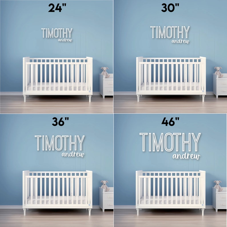 May include: Four images showing a white cot with a white side table and a stuffed toy on top. The images show the cot with different sizes of a white neon sign with the text "TIMOTHY andrew" in black. The sizes of the signs are 24 inches, 30 inches, 36 inches, and 46 inches.