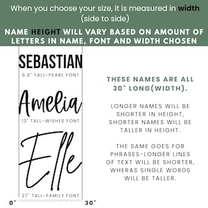 Puede incluir: Un letrero rectangular blanco con los nombres "Sebastian", "Amelia" y "Elle" en diferentes fuentes. El letrero mide 76 cm de ancho. El texto explica c&oacute;mo var&iacute;a la altura del nombre.