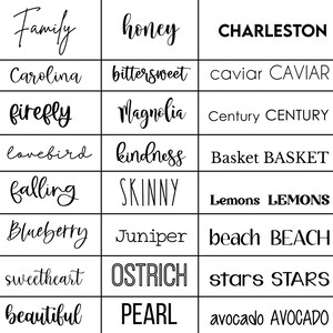 May include: A grid of 12 black and white word pairs, each pair containing a word in lowercase and a word in uppercase. The words include "family", "honey", "CHARLESTON", "Carolina", "bittersweet", "caviar", "CAVIAR", "firefly", "Magnolia", "Century", "CENTURY", "lovebird", "kindness", "Basket", "BASKET", "falling", "SKINNY", "Lemons", "LEMONS", "Blueberry", "Juniper", "beach", "BEACH", "sweetheart", "OSTRICH", "stars", "STARS", "beautiful", "PEARL", "avocado", "AVOCADO".