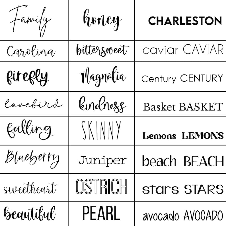 May include: A grid of 12 black and white word pairs, each pair containing a word in lowercase and a word in uppercase. The words include "family", "honey", "CHARLESTON", "Carolina", "bittersweet", "caviar", "CAVIAR", "firefly", "Magnolia", "Century", "CENTURY", "lovebird", "kindness", "Basket", "BASKET", "falling", "SKINNY", "Lemons", "LEMONS", "Blueberry", "Juniper", "beach", "BEACH", "sweetheart", "OSTRICH", "stars", "STARS", "beautiful", "PEARL", "avocado", "AVOCADO".