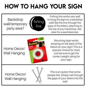 May include: A guide on how to hang a sign using different methods. The methods include fishing line, mounting tape, and nails. The image shows a roll of Scotch mounting tape, a spool of fishing line, and three nails.