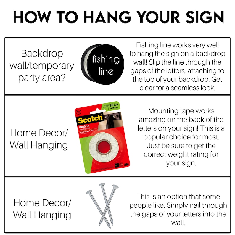 May include: A guide on how to hang a sign using different methods. The methods include fishing line, mounting tape, and nails. The image shows a roll of Scotch mounting tape, a spool of fishing line, and three nails.