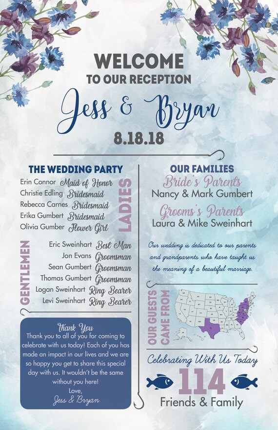 Wedding Reception Programs Blue Purple Watercolor Fish Etsy
