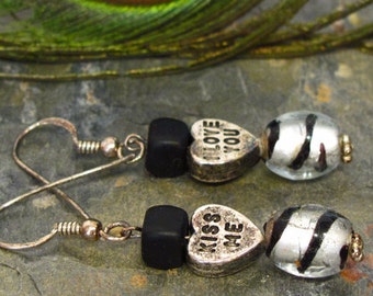 Valentine Earrings ~ Candy Heart Dangle Earrings with Silver and Black Glass Beads ~ "I love you" and "Kiss me" - Sterling Silver
