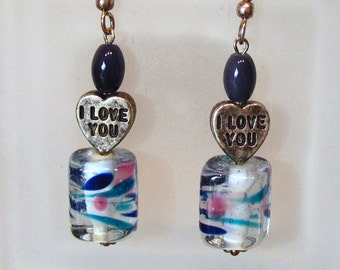 Valentine Earrings ~ Candy Heart Dangle Earrings with Sweet Fused Glass Beads ~ "I love you" and "Kiss me" - Sterling Silver