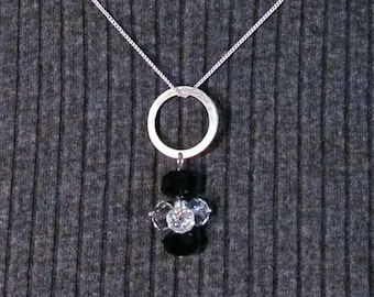 Brushed Silver Circle with Black and Clear Crystal - 18 inch Unbroken Circle Necklace