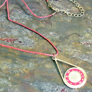 Mexican Silver Coin Pendant Necklace with Pink Enamel Inlaid with Abalone Chips on Pink Hemp with Extension Chain image 1