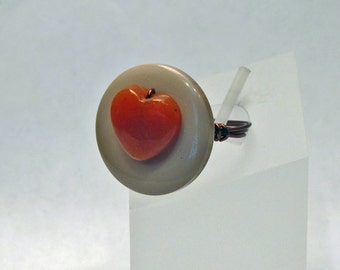 SALE - Wire-wrapped Ring - Red Aventurine Heart and Taupe Button Bead - Size 7