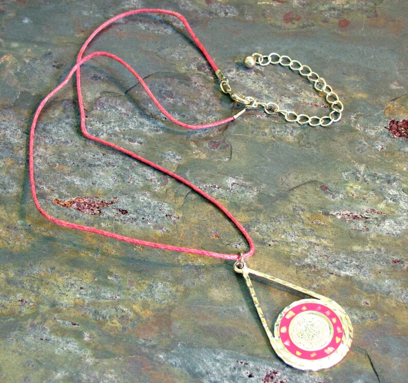 Mexican Silver Coin Pendant Necklace with Pink Enamel Inlaid with Abalone Chips on Pink Hemp with Extension Chain image 1